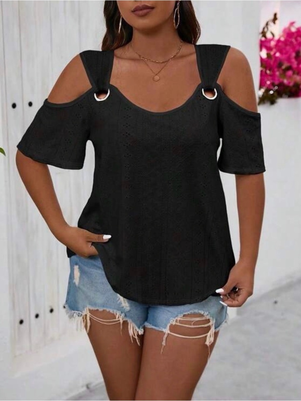 SHEIN Black Cold-Shoulder Ring Strap Blouse
